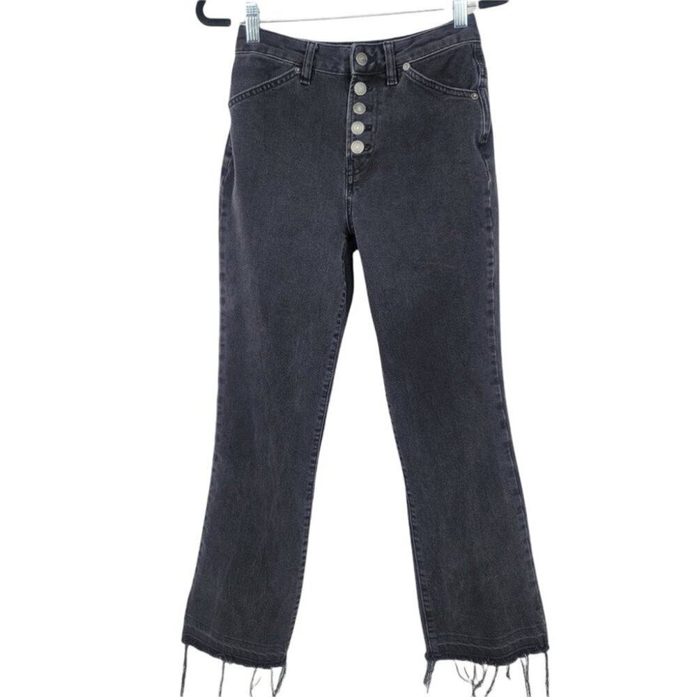 Free People Women's Black Raw Hem Button Fly Straight Leg Jeans Size 26